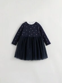 Young Girls' Fashionable And Lovely Velvet Thermal Print Splice Mesh Lace Round Neck Long Sleeve Dress For Autumn - Navy Blue - View 1