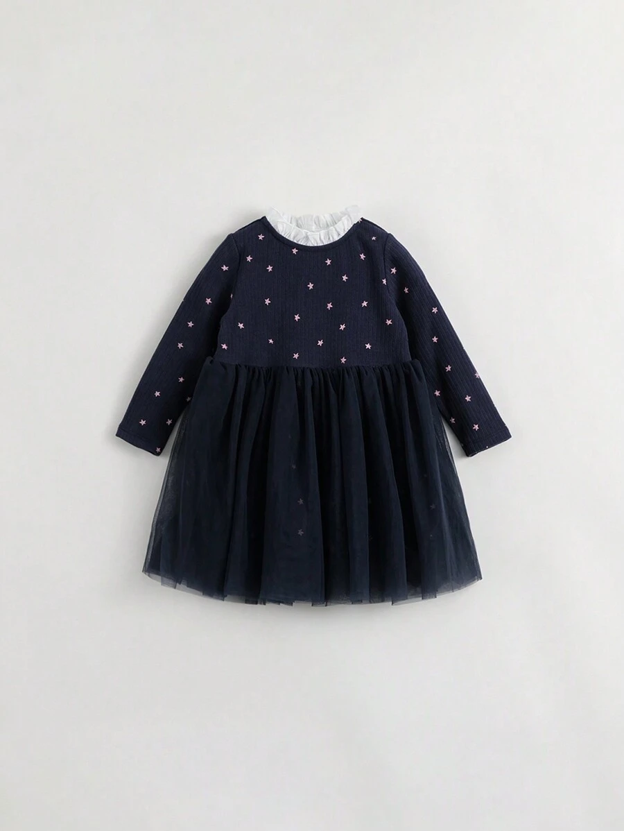 Young Girls' Fashionable And Lovely Velvet Thermal Print Splice Mesh Lace Round Neck Long Sleeve Dress For Autumn - Navy Blue - View 1