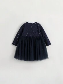 Young Girls' Fashionable And Lovely Velvet Thermal Print Splice Mesh Lace Round Neck Long Sleeve Dress For Autumn - Navy Blue - View 2