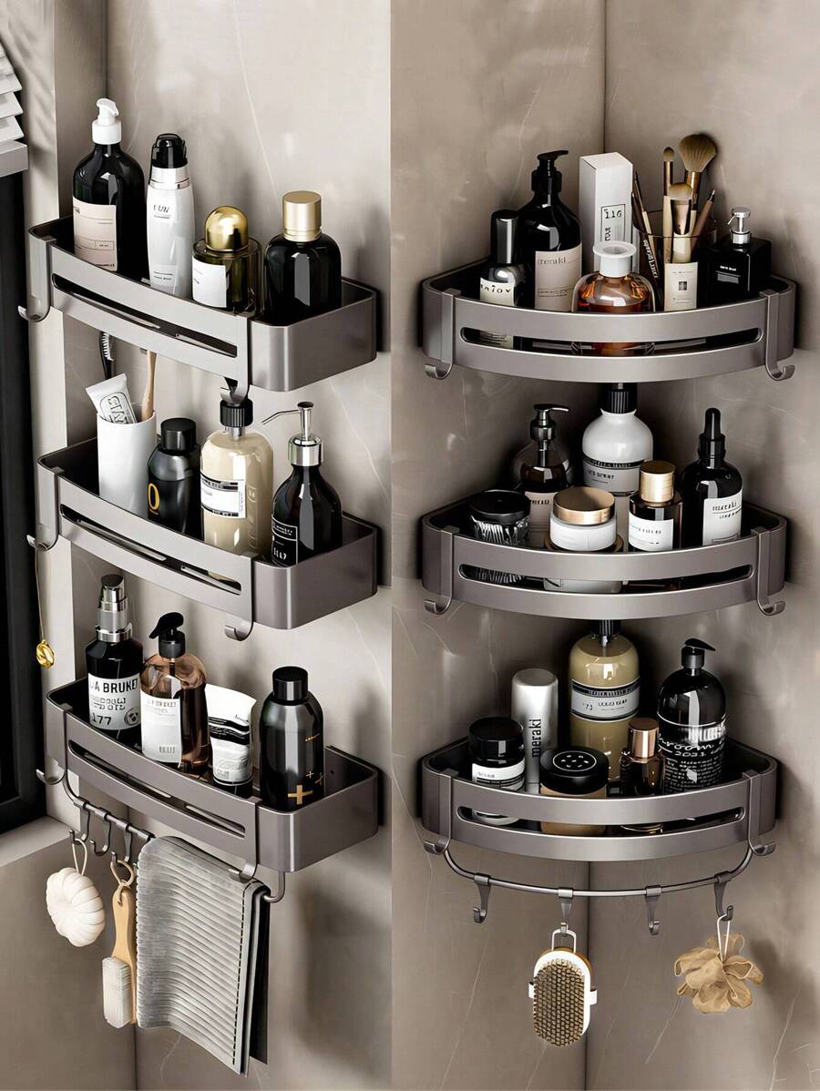 1 chiếc kệ đựng đồ nhà tắm bằng nhôm không cần khoan - Kệ góc treo tường để đựng dầu gội, đồ trang điểm và phụ kiện nhà tắm. Phụ kiện nhà tắm, dụng cụ nhà tắm, phụ kiện phòng tắm. - Xám - Xem 1