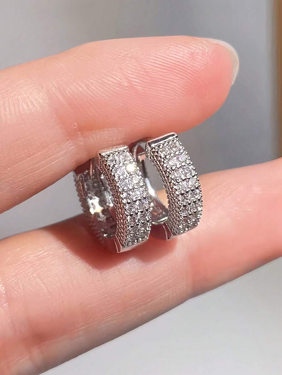 2pcs Fashionable Small Cubic Zirconia Stud Earrings Suitable For Men To Wear At Parties, Great Holiday Gift - Silver - View 1