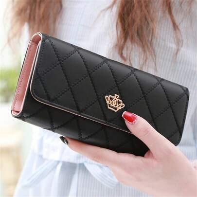 1 Peça Bolsa Clutch Multifuncional Preta com Padrão de Losango, Coração e Coroa, de Grande Capacidade, Adequada para Celular, Presente para Mulheres, Carteira, Carteira Longa
