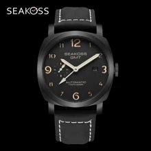 SEAKOSS Men GMT 100Bar Diving Mechanical Watches Super Luminous Sapphire Seagull 2557 Automatic Movement Wristwatches Calendar - Black - View 5