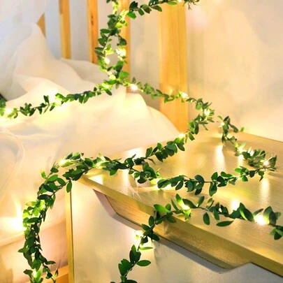 1 pieza 2/3/5m 20/30/50 LED Luces de hadas de alambre de cobre con hojas verdes, corona de flores artificiales DIY, a pilas, decoración de fiesta de boda, lámpara de destello