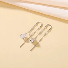 Moonmory 一對月石露耳環女式月石吊墜耳環,寶石誕生石長鏈下垂耳環時尚珠寶禮物適合女人女孩水滴造型