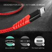 Micro USB充電線，6.6英尺超長PS4控制器充電線，耐用的安卓充電線，兼容三星Galaxy S7 Edge S6，Note 5，Note 4，Moto G5，安卓手機，Kindle Fire，尼龍編織網+PVC - 紅色 - 查看 4