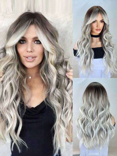Lång Ombre Gråbrun Lockig Peruk Med Lugg, Mörka Rötter, Värmebeständig Syntetperuk, Lämplig För Vardagsbruk