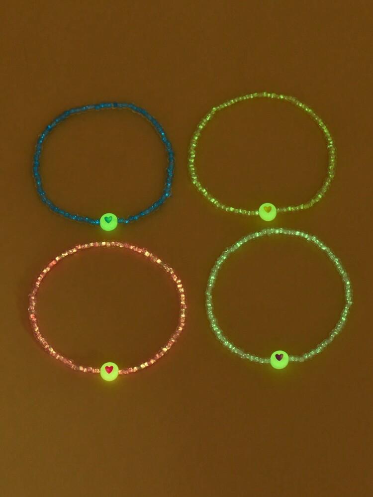 4pcs/Set Fashionable Luminous Beaded Heart Anklet Set In Multicolor - Multicolor - View 1