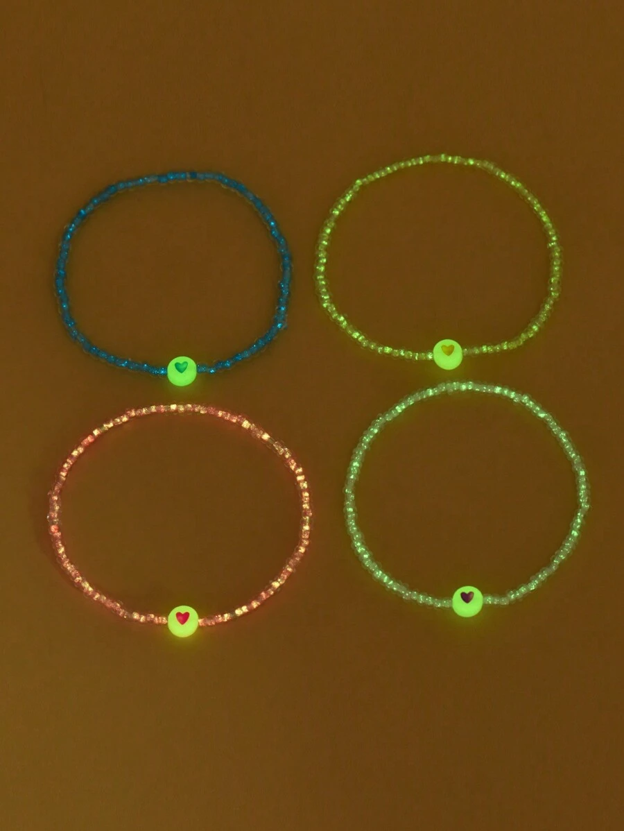 4pcs/Set Fashionable Luminous Beaded Heart Anklet Set In Multicolor - Multicolor - View 1