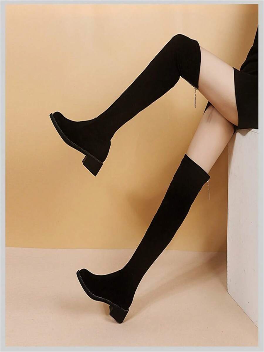 2024 Nowe modne zamszowe buty za kolano dla kobiet, grube wysokie buty na obcasie, jesień zima
