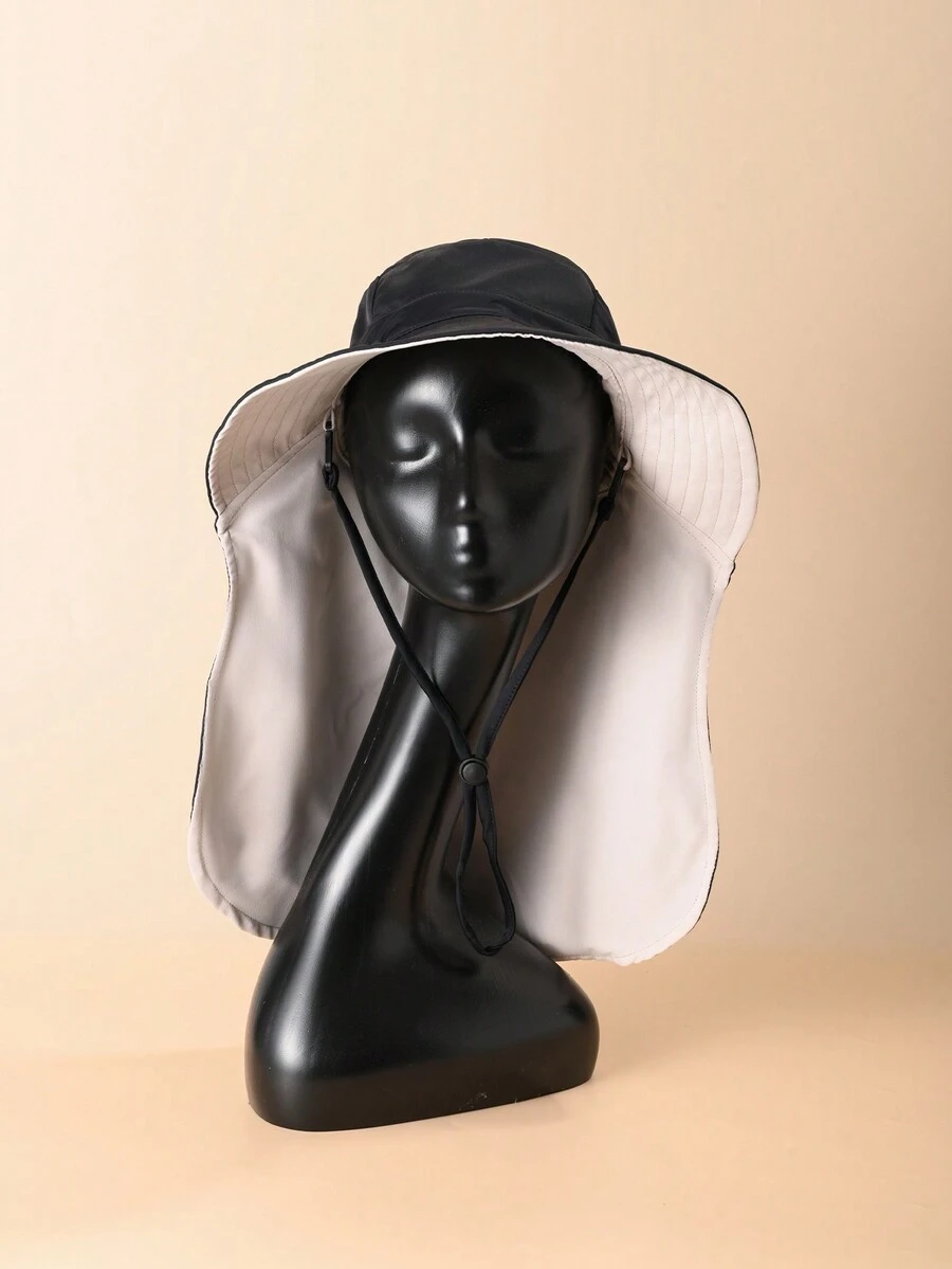 1頂黑色戶外防曬寬邊帽,具有頸部帷幗