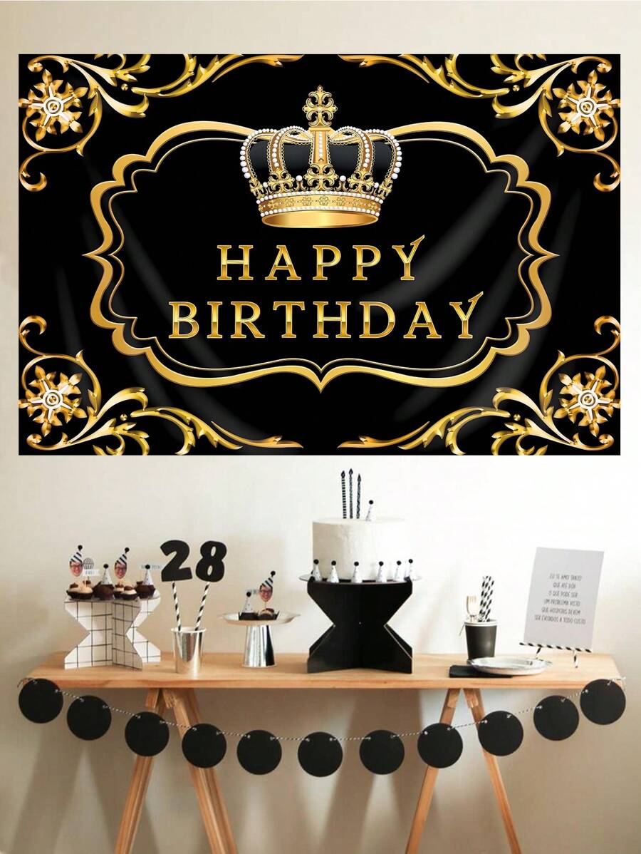 1 件皇冠黑金生日快樂背景,成人生日派對裝飾,生日背景 - 黑金色 - 查看 1