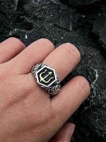 Anillo personalizado para hombre, anillo de tridente del océano retro - Plata antigua - Ver 3