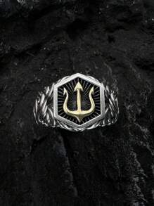 Anillo personalizado para hombre, anillo de tridente del océano retro - Plata antigua - Ver 4