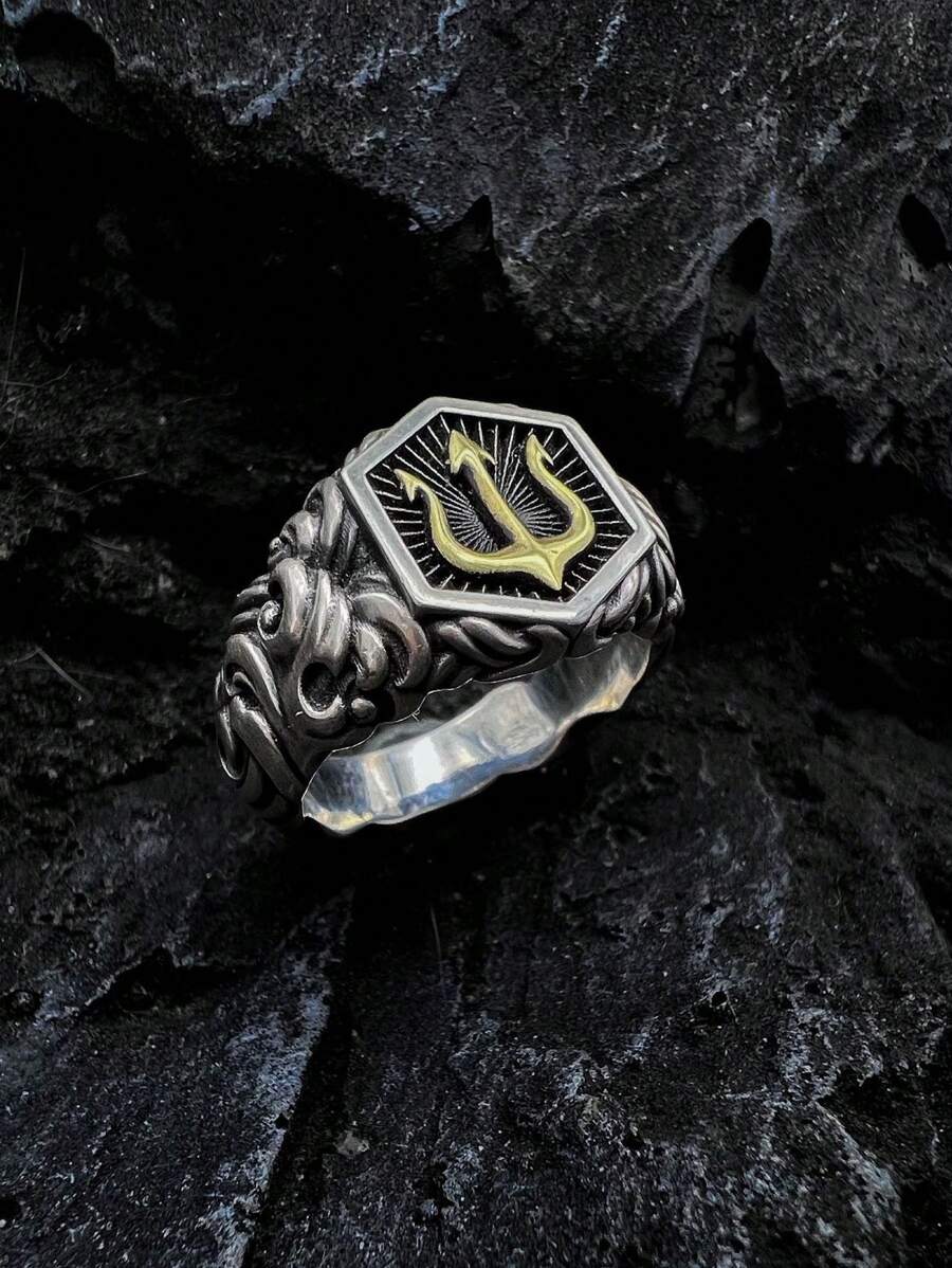 Anillo personalizado para hombre, anillo de tridente del océano retro - Plata antigua - Ver 1