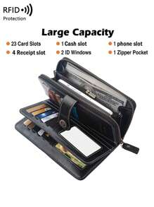 CHARM INFINITE Ví cầm tay chống trộm RFID đa chức năng gấp ba dành cho nữ mỏng cầm tay đựng tiền mặt cho nhân viên văn phòng dành cho nữ dành cho phụ nữ đi làm đi học đi làm đi làm văn phòng kỷ niệm ngày cưới quà tặng sinh nhật cho cặp đôi quà tặng ngày lễ tình nhân quà tặng cho nam ví ví dài ví đeo tay - màu đen - Xem 3