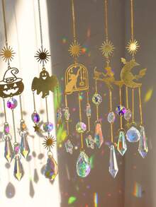 1 件水晶捕夢網裝飾,附女巫、蝙蝠、南瓜、幽靈、貓設計,適合萬聖節派對裝飾