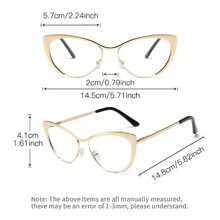 猫眼金属框架透明镜片眼镜，男女通用眼镜配件，适合女士 - 金色 - 查看 2