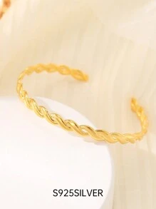 Under the banyan tree 1 件簡約 925 純銀扭絲和開口手鐲女式,ins 風格流行簡約設計腕帶 - 金色 - 查看 13