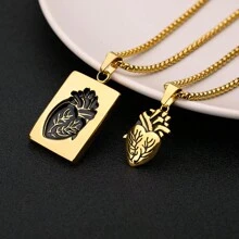 2pcs Creative Heart Shaped Couples Necklace, Personalized Fashionable Pendant, Valentine's Day Gift - Yellow Gold - View 2
