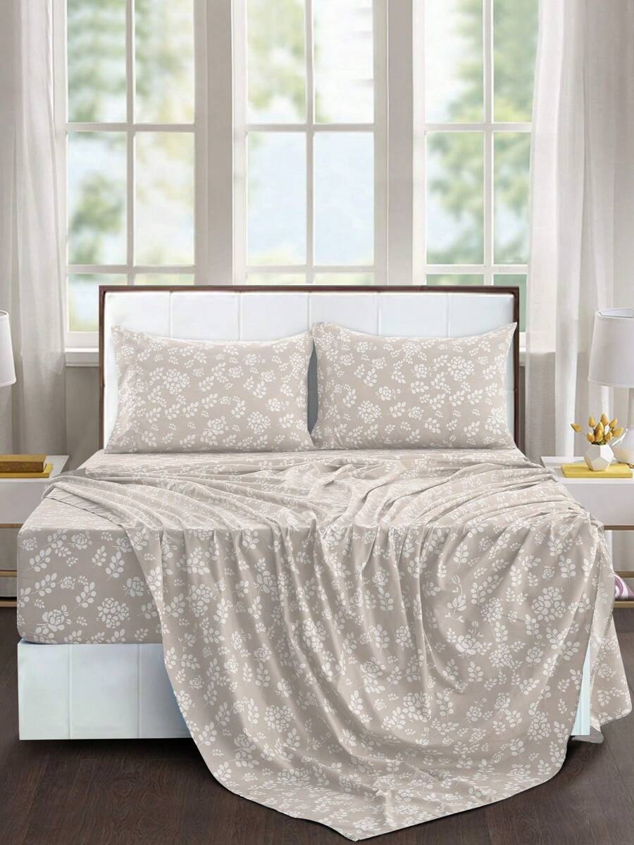 4-Piece Floral Bed Sheet Lux Decor High GSM Brushed Microfiber Bedding Set – Soft & Cozy Feel – Fits Up To 16 Inches Deep Pocket – Complete Bedding With Sheets & Pillowcases – Back To School, Home Decor, Breathable Sheets, Graduation Gifts – Soft Bed Linens, Comfortable Bedding Set, Luxury Bedroom Decor, Valentine's Day Bedroom, Spring Bedding Refresh, Guest Room Essentials, Dorm Room Bedding, Premium Bed Linens, Easy Care Sheets, Hypoallergenic Fabric, Year-Round Comfort, Master Bedroom Update, Matching Bedding Set, Hotel Quality Linens - 灰褐色 - 查看 1