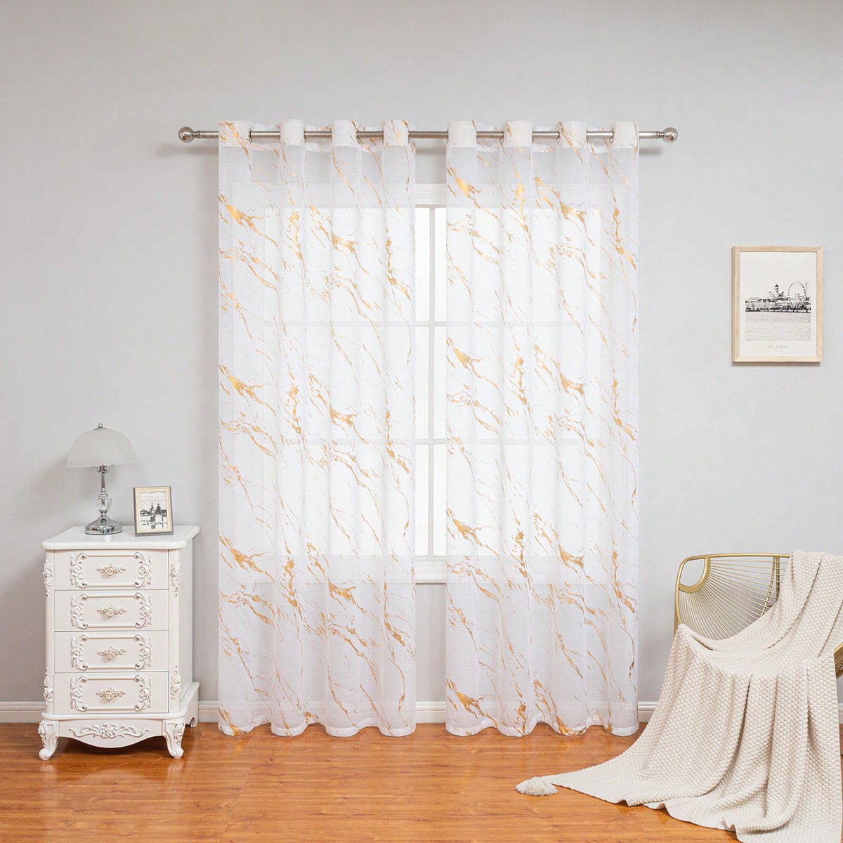 Cortina Decorativa De Mármol Para Ventana, Estilo Nórdico Moderno, Con Diseño De Estampado Dorado, Para Dormitorio Y Sala De Estar, 1 Ud