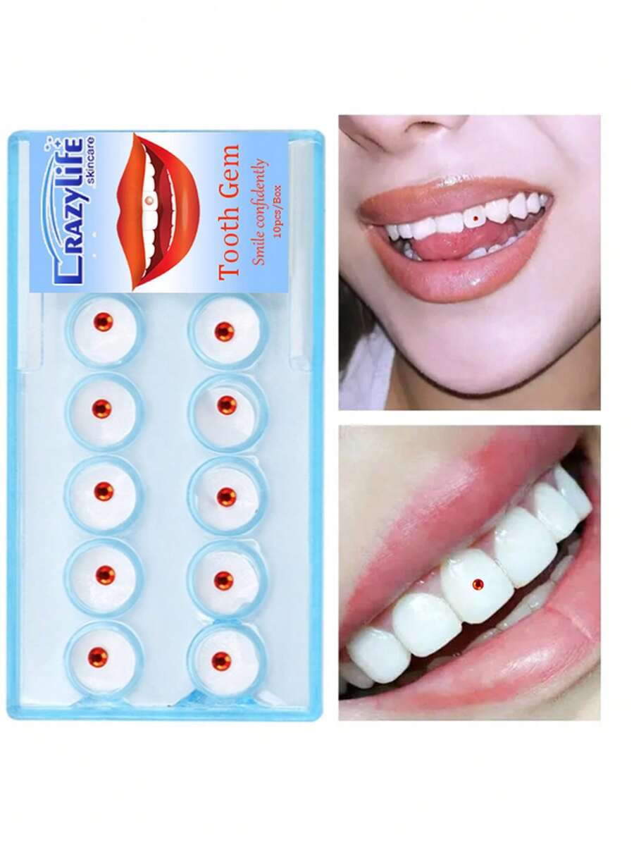 1盒10件，红色水晶莱茵石牙齿饰品牙齿配件 - 紅色 - 查看 1