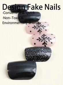 Boost your look with 24 short square black Press-on nails snowflake fake nails for Women and Girls - Multicolor - View 3