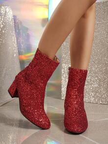 加大碼圓頭粗跟女士時尚靴,鑲有亮片,冬季,紅色,短筒款式 - 紅色 - 查看 4