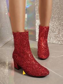 加大碼圓頭粗跟女士時尚靴,鑲有亮片,冬季,紅色,短筒款式 - 紅色 - 查看 5