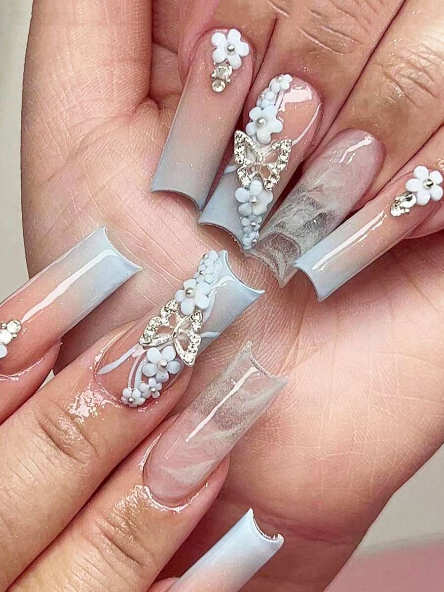 24 件长棺材优雅创意 3D 立体装饰蝴蝶花朵设计全覆盖假指甲，适合女性妈妈妻子姐妹青少年女朋友、情人节、感恩节、生日、圣诞节礼物，含 1 个指甲锉和 1 片指甲果冻胶，让您魅力四射 - 彩色 - 查看 1