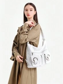 大容量柔軟皮革女包,學生包,肩背包,可當作背包、斜挎包、手提包使用 - 白色 - 查看 1