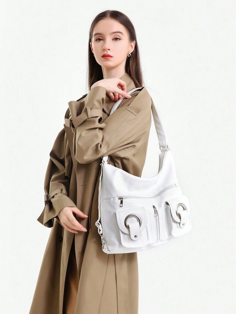 大容量柔軟皮革女包,學生包,肩背包,可當作背包、斜挎包、手提包使用 - 白色 - 查看 1