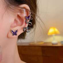 2 件裝深色酷炫蛇形耳骨夾帶蝴蝶不對稱耳釘,時尚女士獨特百搭耳飾