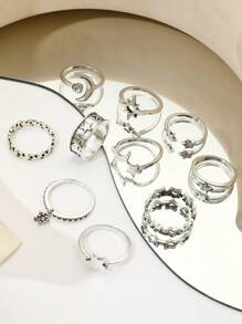 10 piezas Set de anillo estilo bohemio retro estrella y luna & con diseño de diamante de imitación , adecuado para de mujeres uso diario