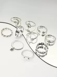 10 piezas Set de anillo estilo bohemio retro estrella y luna & con diseño de diamante de imitación , adecuado para de mujeres uso diario