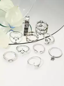 10 piezas Set de anillo estilo bohemio retro estrella y luna & con diseño de diamante de imitación , adecuado para de mujeres uso diario