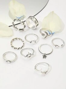 10 piezas Set de anillo estilo bohemio retro estrella y luna & con diseño de diamante de imitación , adecuado para de mujeres uso diario