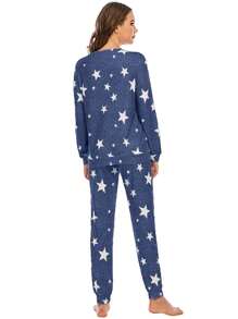 European And American Women's Sleepwear New Winter Star-printed Casual Blue Long-sleeved Women's Home Clothing - Blue - View 4