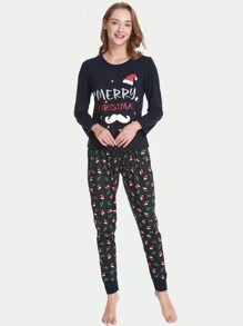 2 件女式聖誕家庭配套睡衣套裝,有趣聖誕老人印花長袖上衣和長褲,節日舒適家居服 - 藏蓝色 - 查看 3