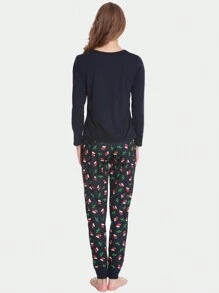 2 件女式聖誕家庭配套睡衣套裝,有趣聖誕老人印花長袖上衣和長褲,節日舒適家居服 - 藏蓝色 - 查看 2