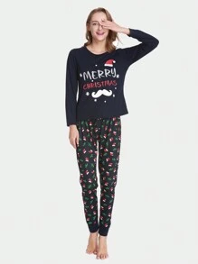 2 件女式聖誕家庭配套睡衣套裝,有趣聖誕老人印花長袖上衣和長褲,節日舒適家居服 - 藏蓝色 - 查看 4