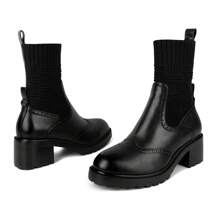 ISNOM  Ankle Boots For Women Chelsea Boots Sock Boots For Women Slip On Elastic Oxford Boots Elastic Lug Sole Boots With Low Chunky Heel - 黑色 - 查看 7