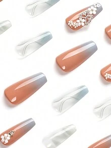 24 件长棺材优雅创意 3D 立体装饰蝴蝶花朵设计全覆盖假指甲，适合女性妈妈妻子姐妹青少年女朋友、情人节、感恩节、生日、圣诞节礼物，含 1 个指甲锉和 1 片指甲果冻胶，让您魅力四射 - 彩色 - 查看 2