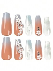 24 件长棺材优雅创意 3D 立体装饰蝴蝶花朵设计全覆盖假指甲，适合女性妈妈妻子姐妹青少年女朋友、情人节、感恩节、生日、圣诞节礼物，含 1 个指甲锉和 1 片指甲果冻胶，让您魅力四射 - 彩色 - 查看 3