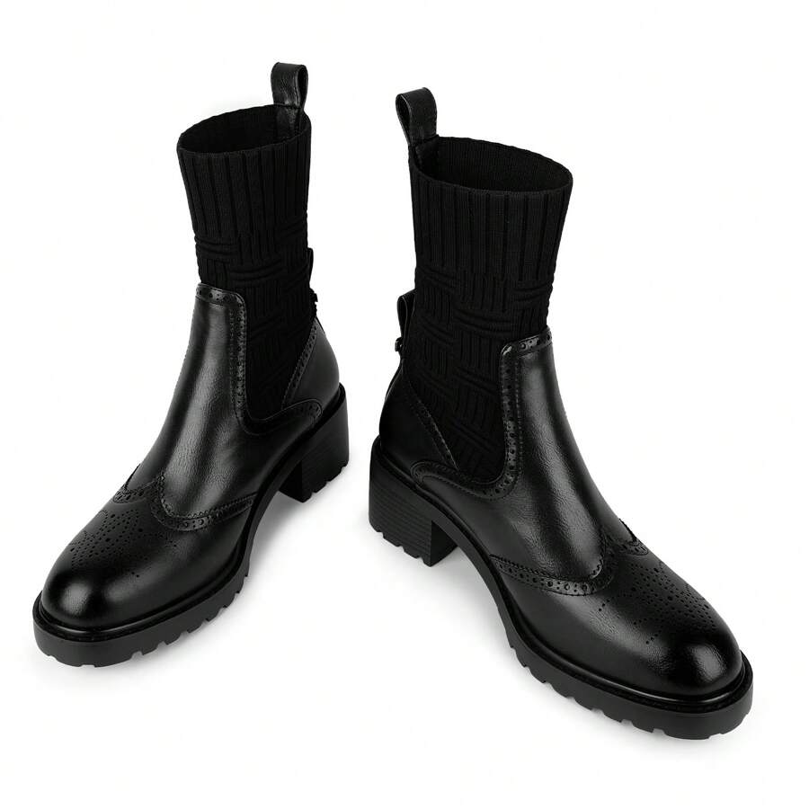 ISNOM  Ankle Boots For Women Chelsea Boots Sock Boots For Women Slip On Elastic Oxford Boots Elastic Lug Sole Boots With Low Chunky Heel - 黑色 - 查看 1