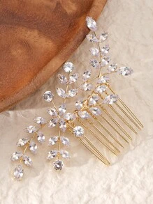 1件装女士精美新娘发梳，婚礼派对伴娘装饰发饰，镶嵌锆石的优雅头饰，情人节配饰 - 金色 - 查看 7
