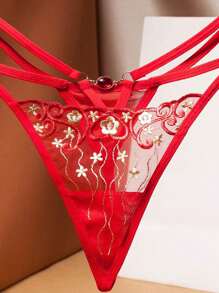 性感內衣法式復古空心透明網眼刺繡鑲嵌鑽石裝飾低腰女士丁字褲 - 紅色 - 查看 1