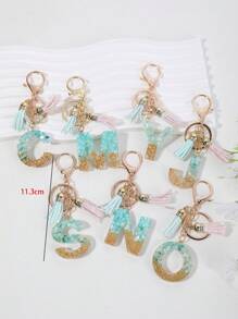 Boho 1pc Women's Shell Stone, Crystal & Tassel Keychain With Glued Letters - Multicolor - View 7
