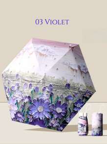 1 件超轻迷你口袋伞，创意油画和黑色涂层，6 折叠防紫外线防晒伞，平板伞防辐射，方便便携女士时尚且极具吸引力的花朵图案，适合晴天和雨天 - 時尚印花扁傘 - 查看 8